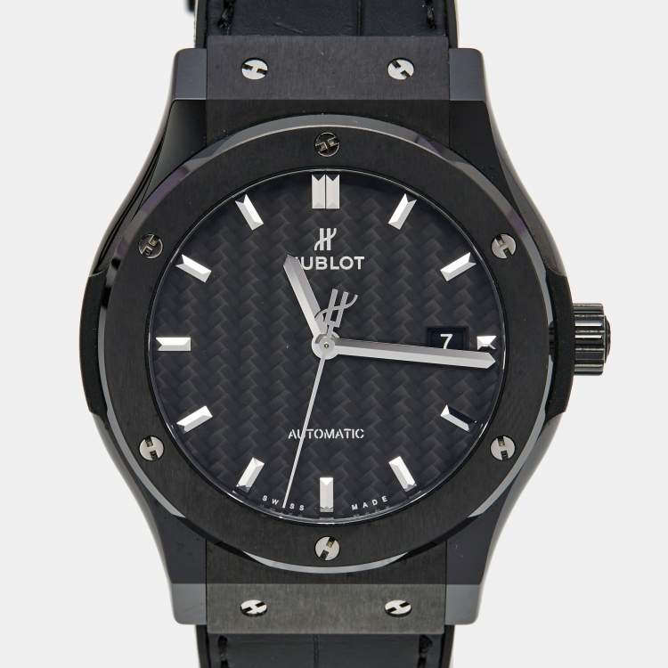 Pre Owned Hublot Black Carbon Fiber Ceramic Stainless Steel Rubber Alligator Leather Classic Fusion 542.CM.1771.RX Men's Wristwatch 42 mm
