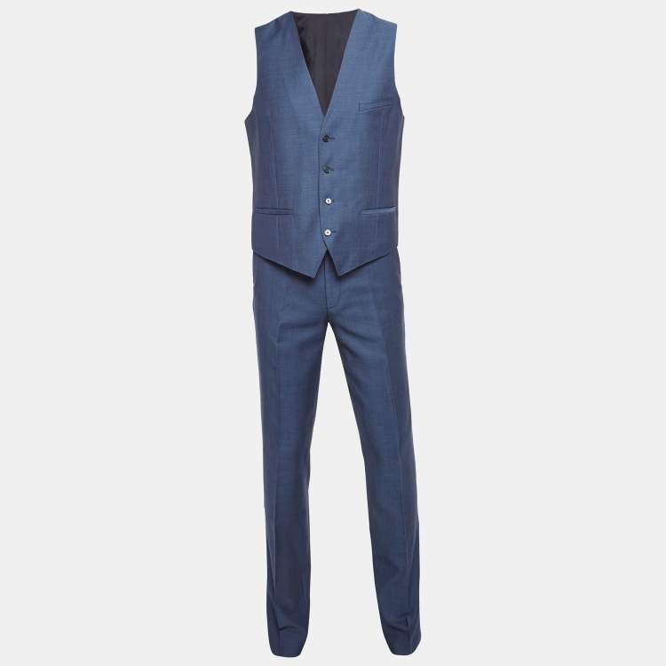 Pre Owned Hugo Boss Blue Wool Single Breasted Three Piece Pants Suit L