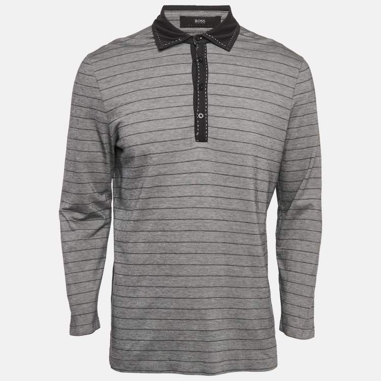 Pre Owned Boss by Hugo Boss Grey Striped Jersey Long Sleeve Polo T-Shirt L