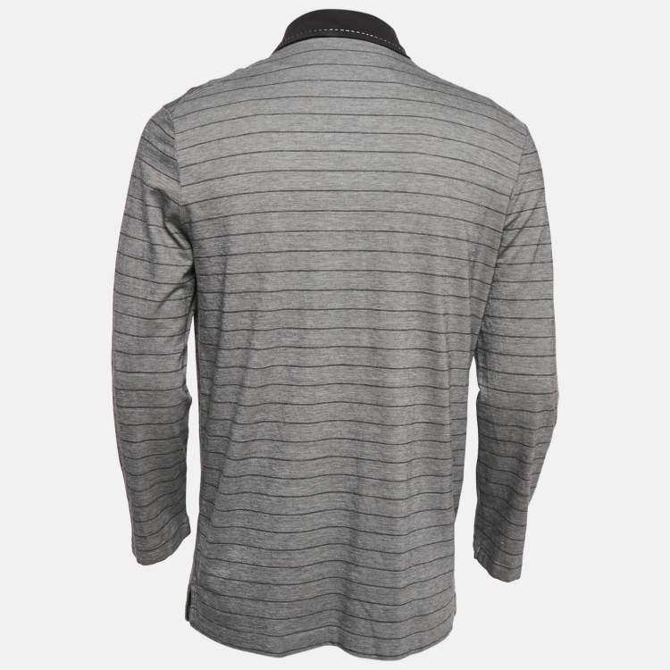 Pre Owned Boss by Hugo Boss Grey Striped Jersey Long Sleeve Polo T-Shirt L