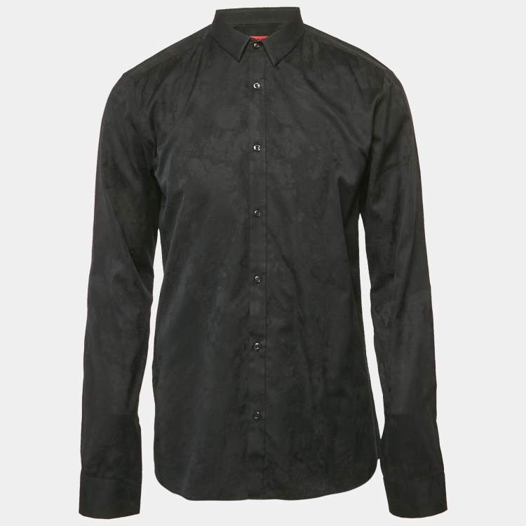 Pre Owned Hugo Boss Black Patterned Cotton Extra Slim Fit Shirt L
