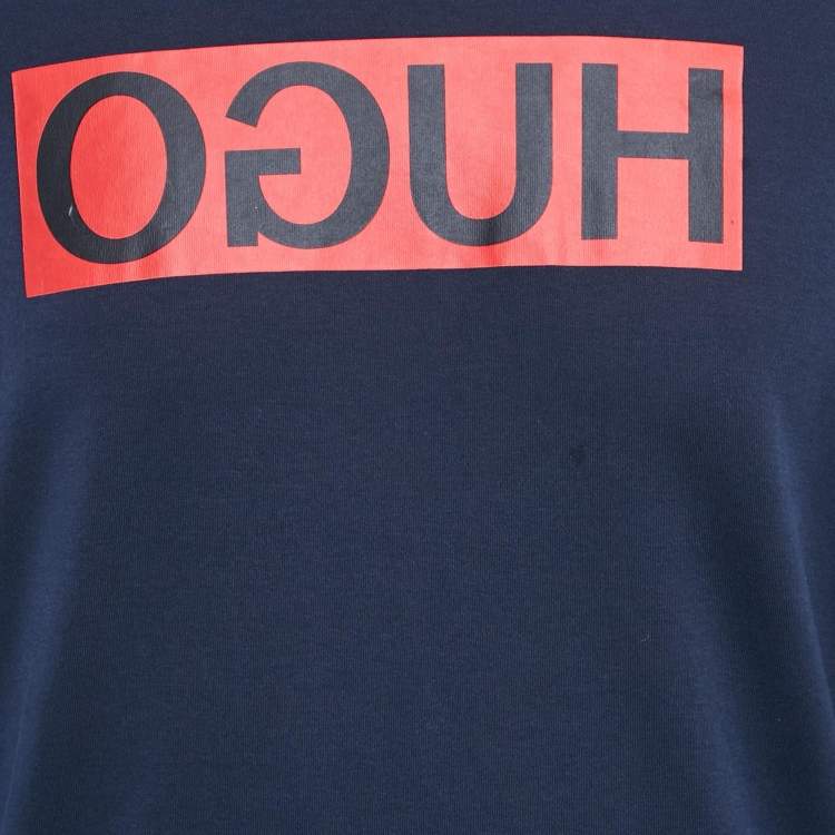 Pre Owned Hugo Boss Blue Logo Print Cotton Crewneck Sweatshirt M