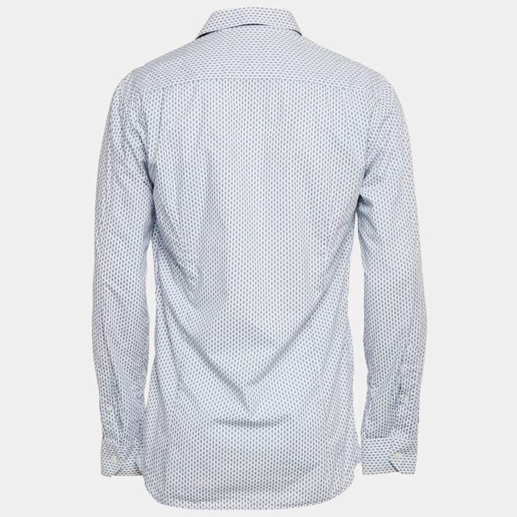 Pre Owned Hugo Boss White/Blue Printed Cotton Slim Line Shirt L