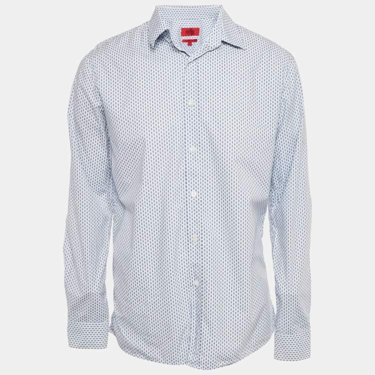 Pre Owned Hugo Boss White/Blue Printed Cotton Slim Line Shirt L