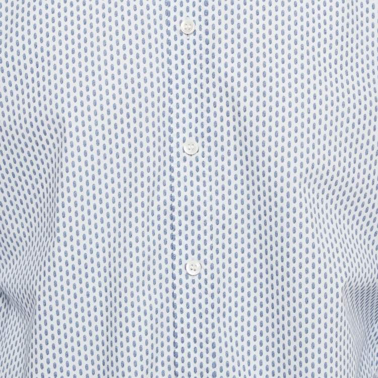 Pre Owned Hugo Boss White/Blue Printed Cotton Slim Line Shirt L