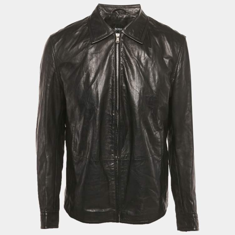 Pre Owned Boss by Hugo Boss Black Leather Zip-Up Jacket XL