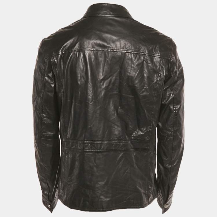 Pre Owned Boss by Hugo Boss Black Leather Zip-Up Jacket XL