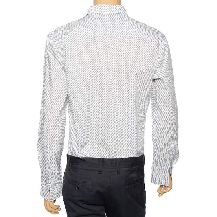 Pre Owned Hugo by Hugo Boss White All Over Logo Printed Cotton Button Front Shirt L
