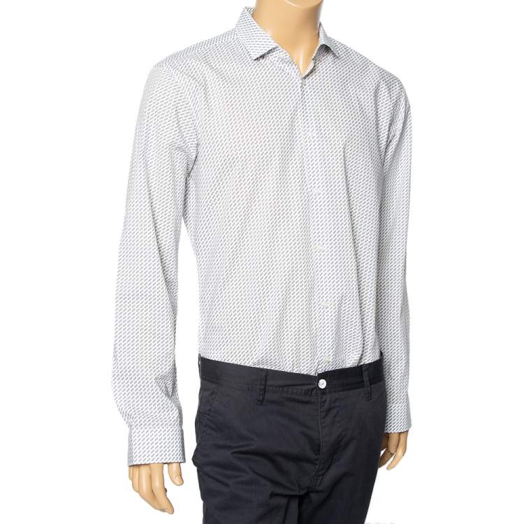 Pre Owned Hugo by Hugo Boss White All Over Logo Printed Cotton Button Front Shirt L