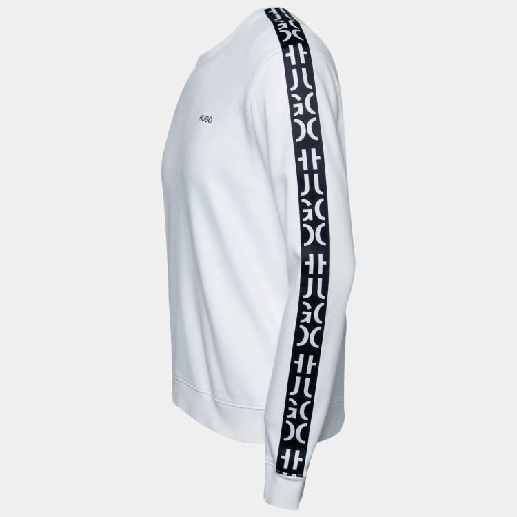 Pre Owned Hugo Boss White Cotton Logo Tape Trimmed Crewneck Sweatshirt M