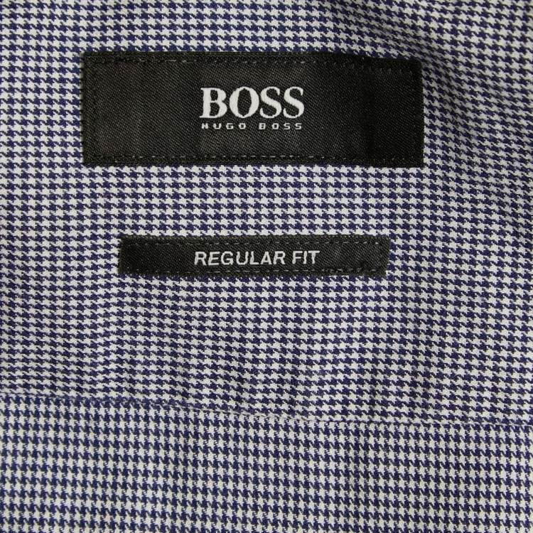 Pre Owned Boss By Hugo Boss Navy Blue Checked Cotton Regular Fit Shirt L