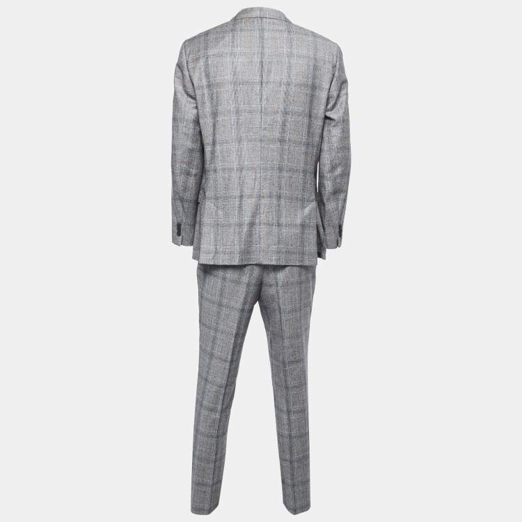 Pre Owned Hugo Boss Grey Check Patterned Wool Suit XL