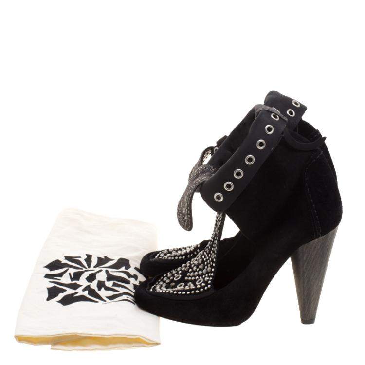 Pre Owned Isabel Marant Black Suede Mossa Studded Cutout Ankle Boots Size 39