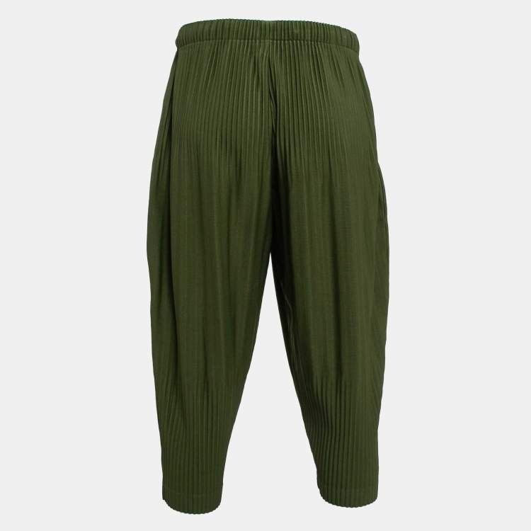 Pre Owned Issey Miyake Homme Plisse Olive Green Knit Pleated Trousers S