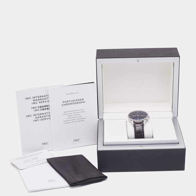 Pre Owned IWC Schaffhausen Black Stainless Steel Alligator Leather Portugieser IW371447 Men's Wristwatch 40.90 mm