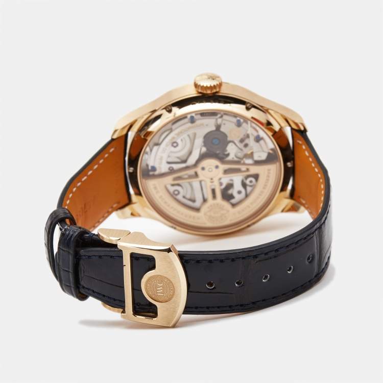 Pre Owned IWC Schaffhausen Blue 18K Rose Gold Alligator Leather Portugieser Perpetual Calendar Boutique Edition IW503312 Men's Wristwatch 44.20 mm