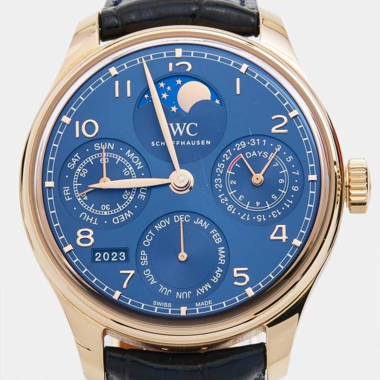 Pre Owned IWC Schaffhausen Blue 18K Rose Gold Alligator Leather Portugieser Perpetual Calendar Boutique Edition IW503312 Men's Wristwatch 44.20 mm