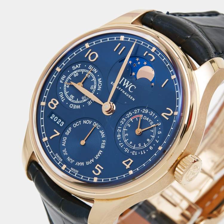 IWC Schaffhausen Blue 18K Rose Gold Alligator Leather Portugieser