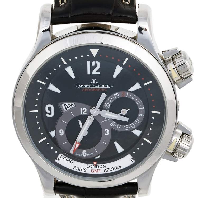 Pre Owned Jaeger LeCoultre Black Stainless Steel Leather Geographic Master Compressor 146.8.83 Men's Wristwatch  41 mm