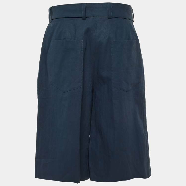 Pre Owned Jil Sander Marine Blue Coated Linen Wide Leg Belted Shorts M