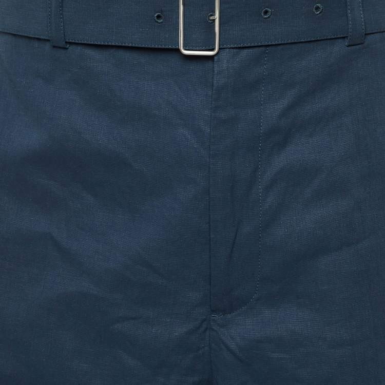 Pre Owned Jil Sander Marine Blue Coated Linen Wide Leg Belted Shorts M