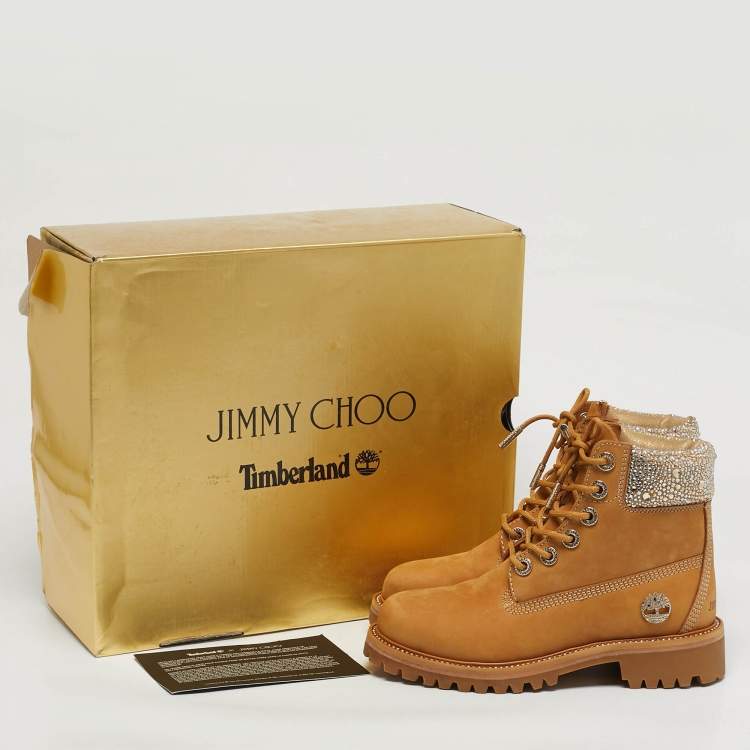 Pre Owned Jimmy Choo Size 40.5 Tan Nubuck Leather Crystal Embellish Ankle Length Boots