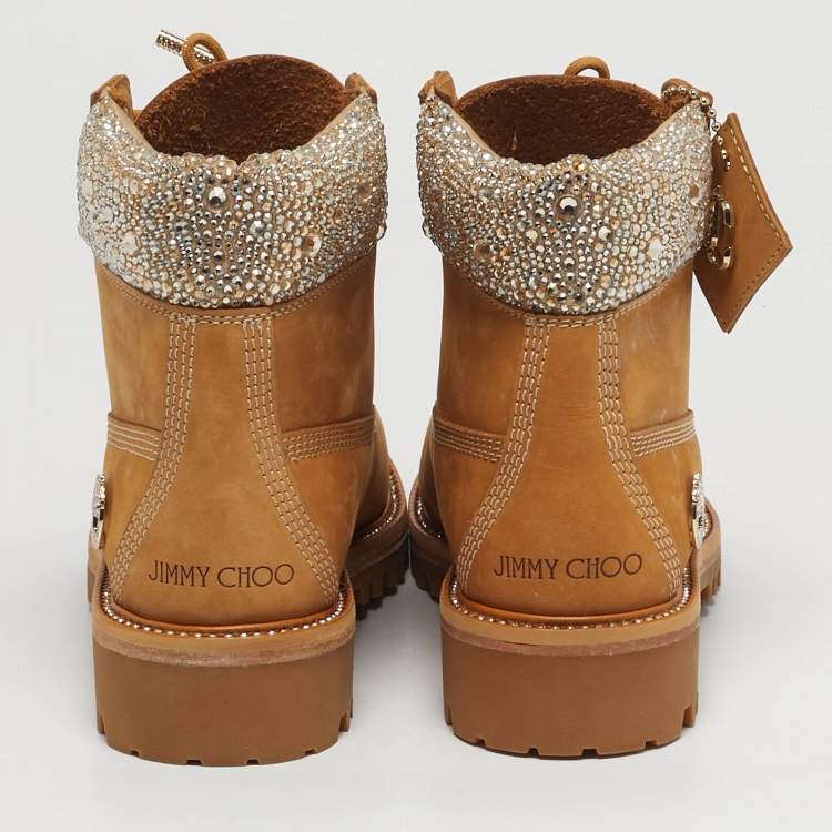 Pre Owned Jimmy Choo Size 40.5 Tan Nubuck Leather Crystal Embellish Ankle Length Boots