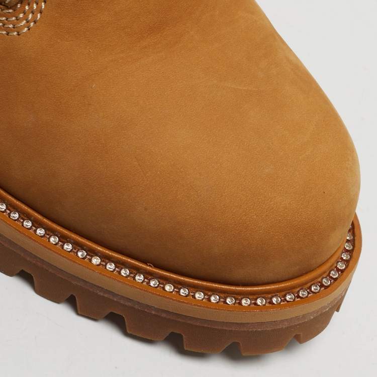 Pre Owned Jimmy Choo Size 40.5 Tan Nubuck Leather Crystal Embellish Ankle Length Boots