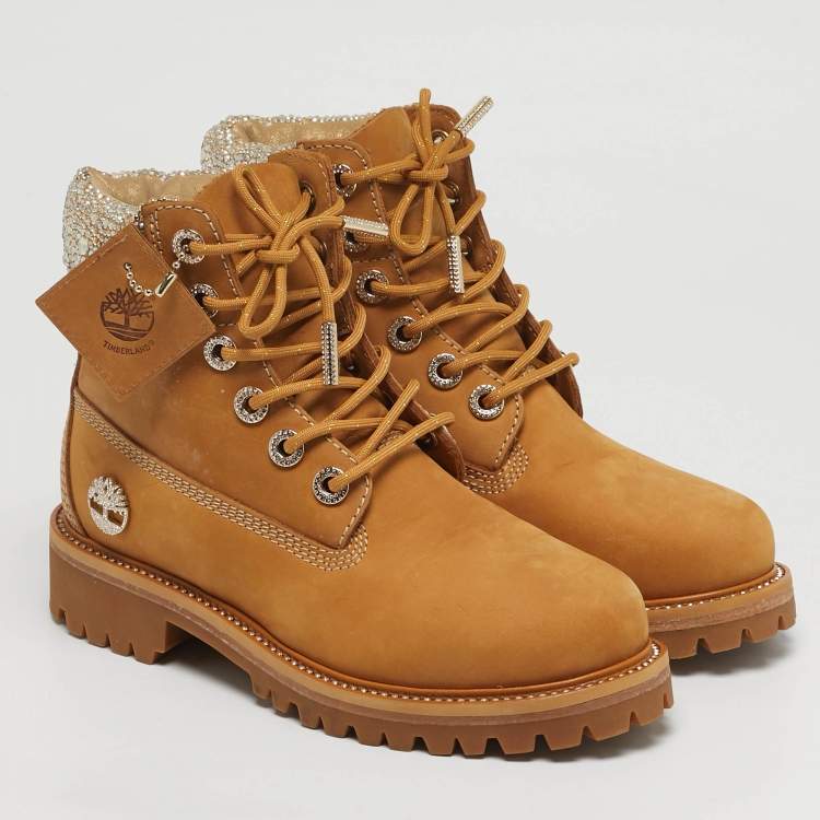 Pre Owned Jimmy Choo Size 40.5 Tan Nubuck Leather Crystal Embellish Ankle Length Boots