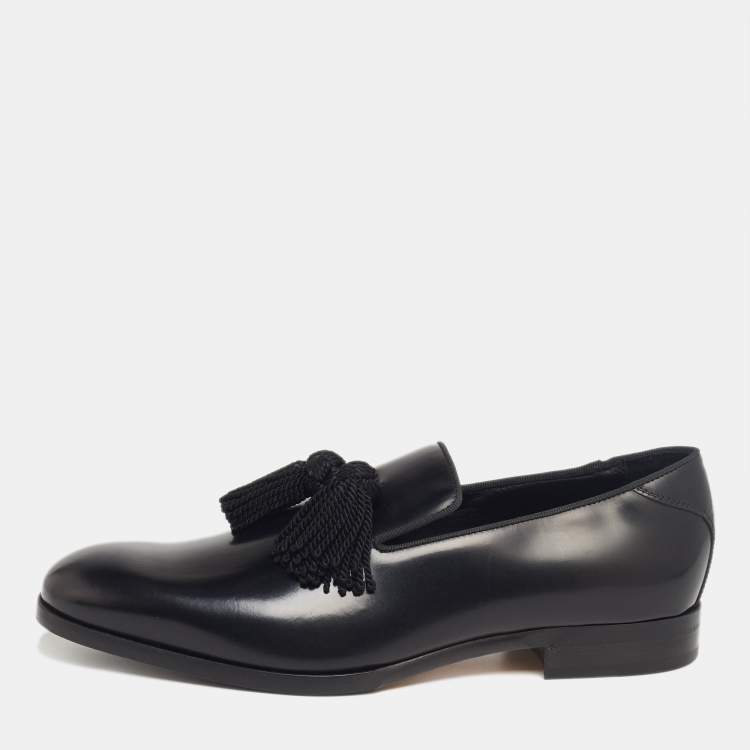 Pre Owned Jimmy Choo Black Leather Foxley Tassel Loafers Size 42.5
