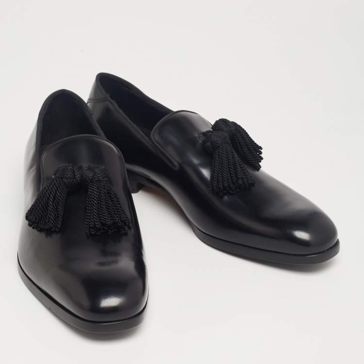 Pre Owned Jimmy Choo Black Leather Foxley Tassel Loafers Size 42.5