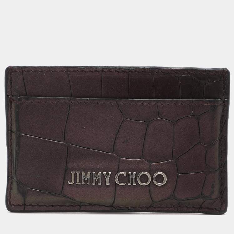 Pre Owned Jimmy Choo Metallic Purple Croc Embossed Leather Card Holder