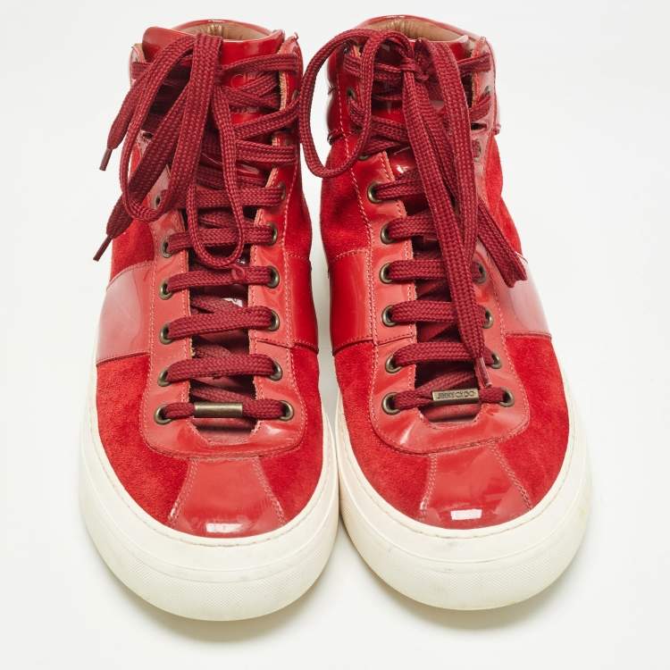 Pre Owned Jimmy Choo Red Suede and Patent High Top Sneakers Size 42.5