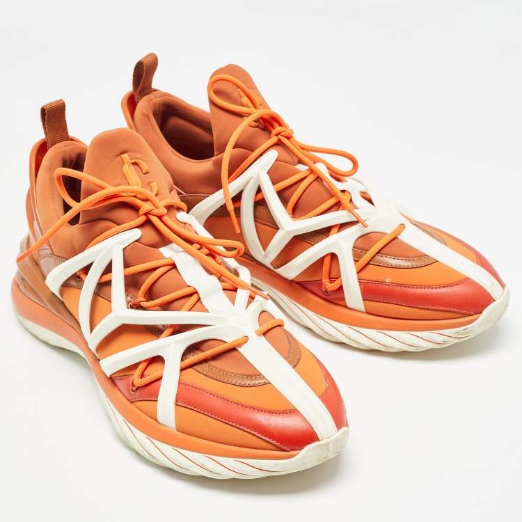 Pre Owned Jimmy Choo Orange/White Fabric and Rubber Lace Up Trainer Sneakers Size 41