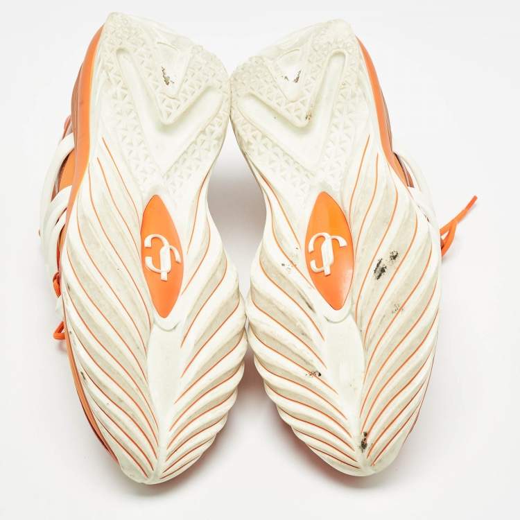 Pre Owned Jimmy Choo Orange/White Fabric and Rubber Lace Up Trainer Sneakers Size 41