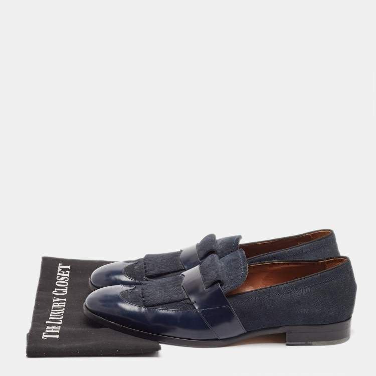 Pre Owned Jimmy Choo Navy Blue Leather and Denim Loafers Size 45
