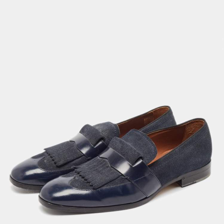 Pre Owned Jimmy Choo Navy Blue Leather and Denim Loafers Size 45