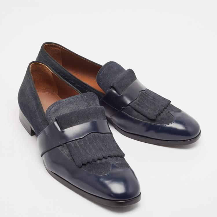 Pre Owned Jimmy Choo Navy Blue Leather and Denim Loafers Size 45