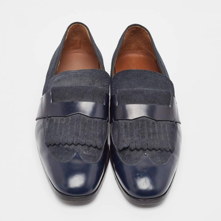 Pre Owned Jimmy Choo Navy Blue Leather and Denim Loafers Size 45