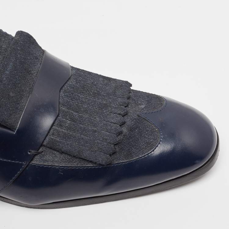 Pre Owned Jimmy Choo Navy Blue Leather and Denim Loafers Size 45