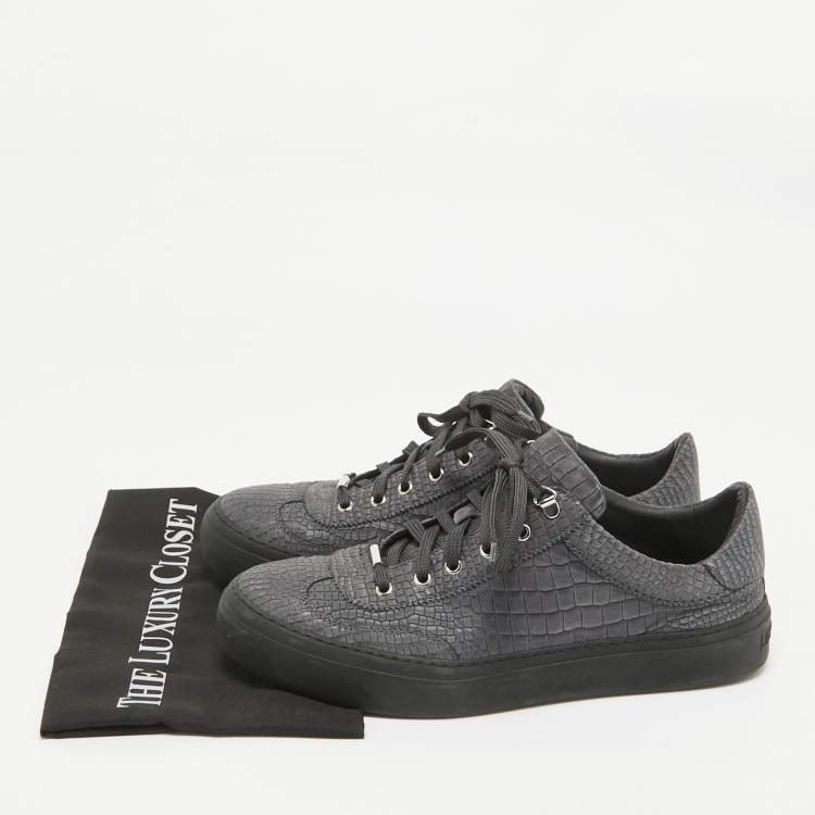 Pre Owned Jimmy Choo Grey Croc Embossed Leather Lace Up Sneakers Size  44.5