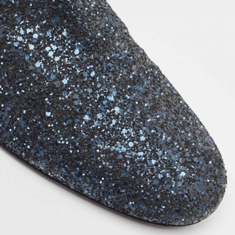 Pre Owned Jimmy Choo Blue Glitter Slip On Loafers Size 42