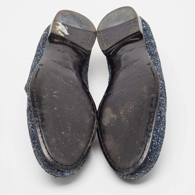 Pre Owned Jimmy Choo Blue Glitter Slip On Loafers Size 42