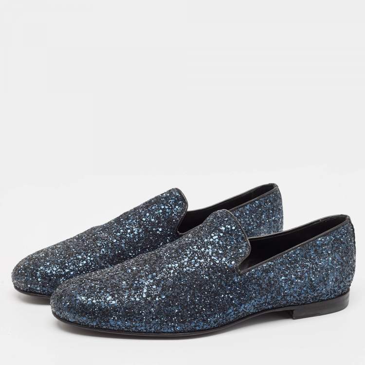 Pre Owned Jimmy Choo Blue Glitter Slip On Loafers Size 42