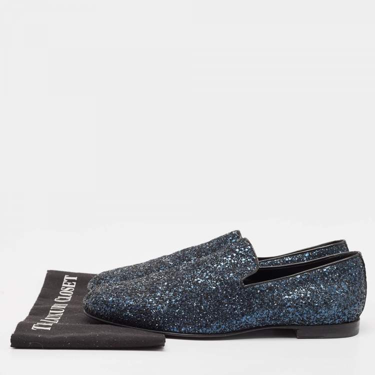 Pre Owned Jimmy Choo Blue Glitter Slip On Loafers Size 42