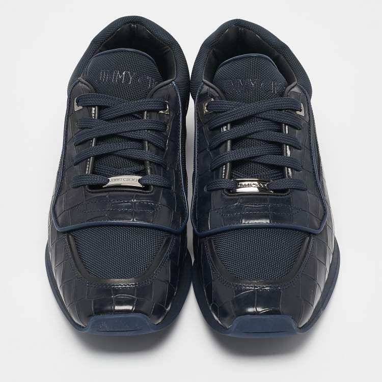 Pre Owned Jimmy Choo Navy Blue Canvas and Croc Embossed Leather Jett Sneakers Size 41.5