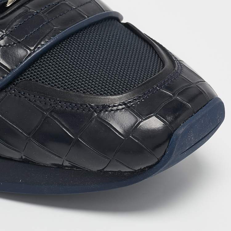 Pre Owned Jimmy Choo Navy Blue Canvas and Croc Embossed Leather Jett Sneakers Size 41.5
