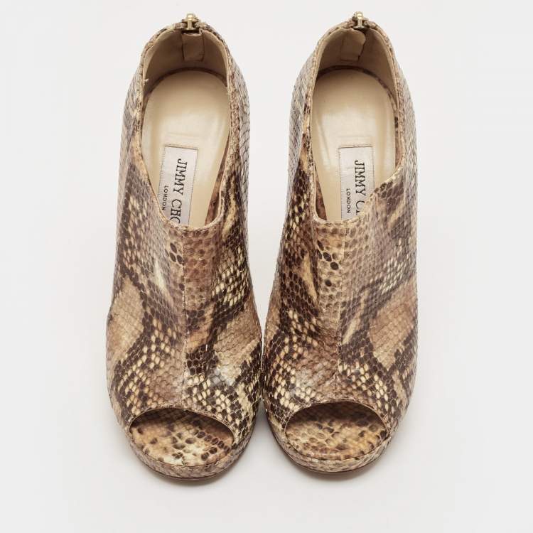 Pre Owned  Jimmy Choo Tan Snakeskin Embossed Glint Peep Toe Ankle Booties Size 39
