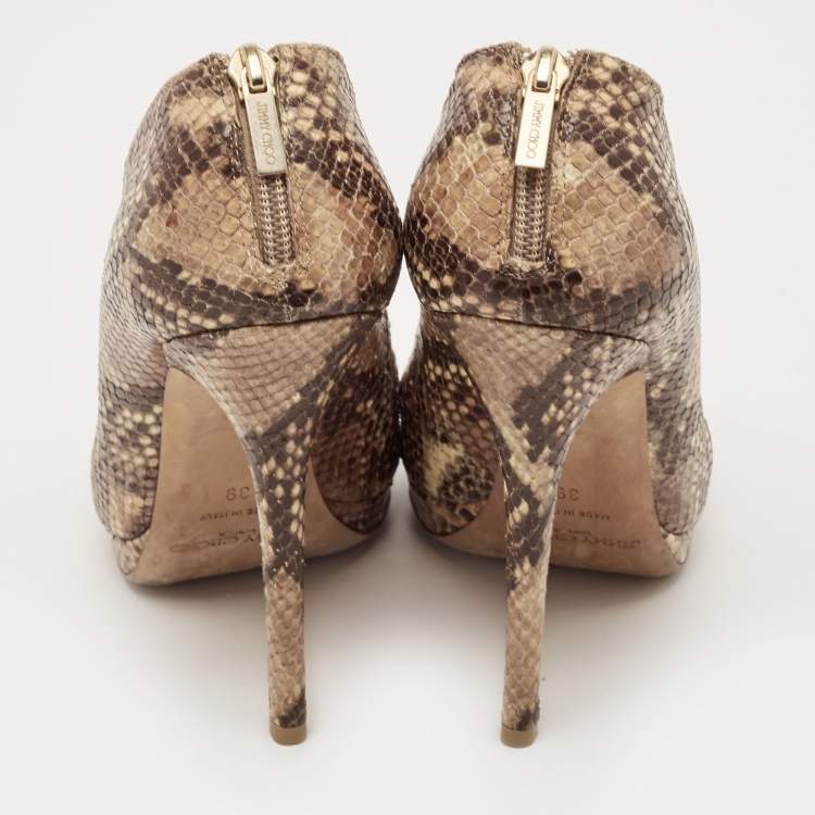 Pre Owned  Jimmy Choo Tan Snakeskin Embossed Glint Peep Toe Ankle Booties Size 39