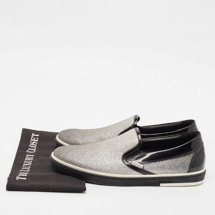 Pre Owned Jimmy Choo Black/Silver Patent Leather and Glitter Slip On Sneakers Size 44